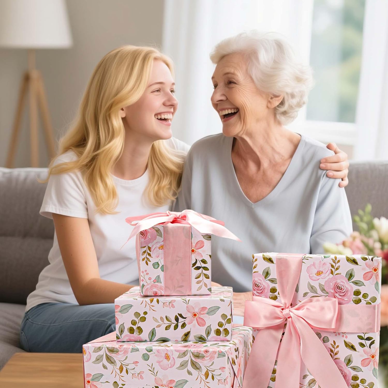 BIOBROWN Reversible Floral Wrapping Paper Roll - 30 Inches X 33 Feet (82.5 sq. ft. ttl.) Pink Watercolor Roses Design Flower Gift Wrap for Mother's Day, Wedding, Bridal Shower, Valentine's Day