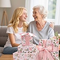 Vista 7 de BIOBROWN Rollo de papel de regalo floral reversible 17 pulgadas x 33 pies (47 pies cuadrados total) con diseño de rosas de acuarela rosa