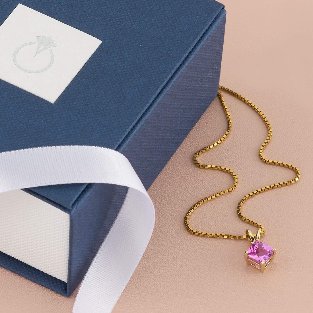 PEORA Created Pink Sapphire Pendant in 14 Karat Yellow Gold, Classic Solitaire, Cushion Cut, 6mm, 1 Carat total, September Birthstone Necklace, Sparkling Sapphire Jewelry, w/Jewelry Box