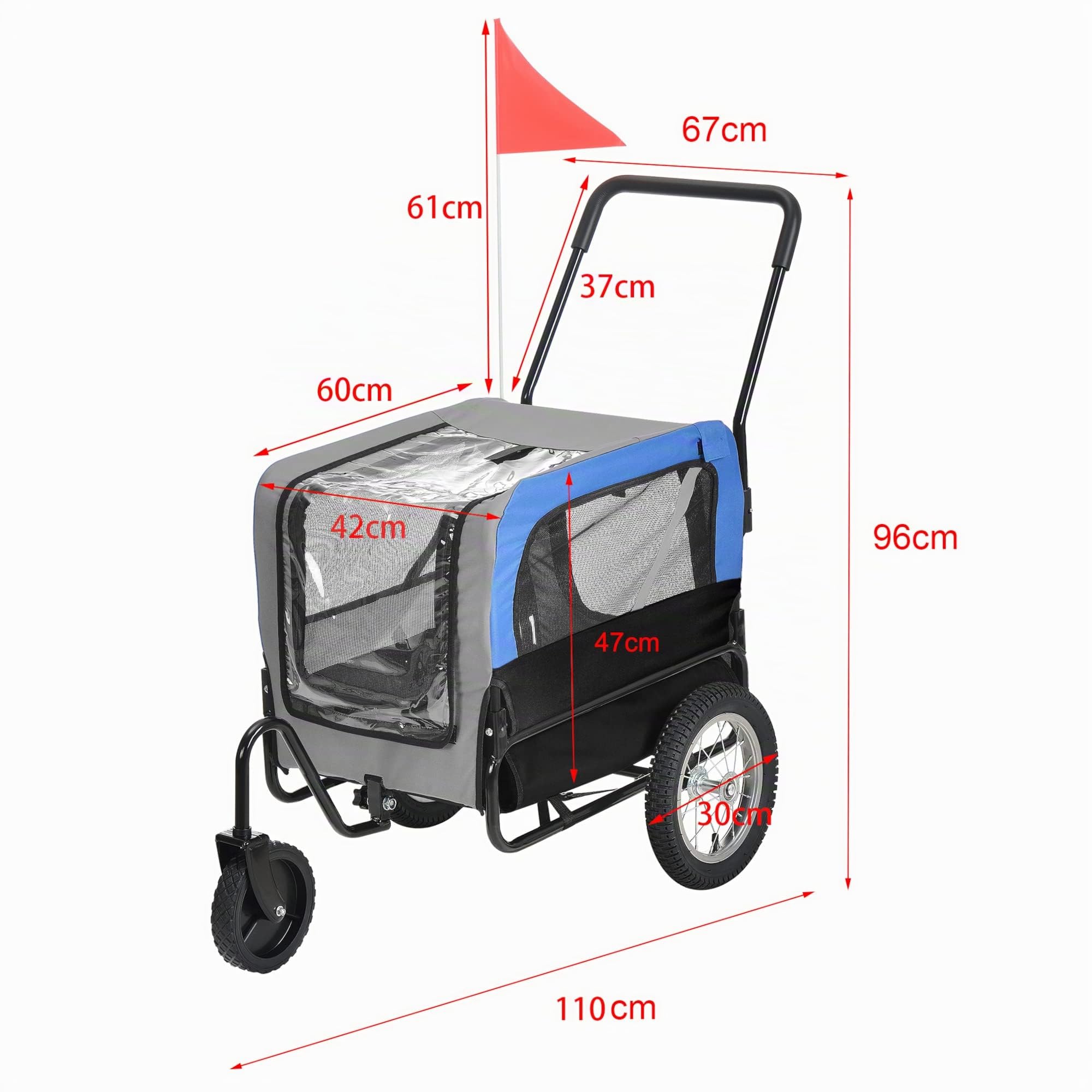 pro.tec Rimorchio 2 in 1 per Bicicletta e Passeggiata per Cani e Animali Domestici Fino a 20 kg Carrello con Ruote Pneumatiche Copertura Impermeabile - Blu-Grigio-Nero
