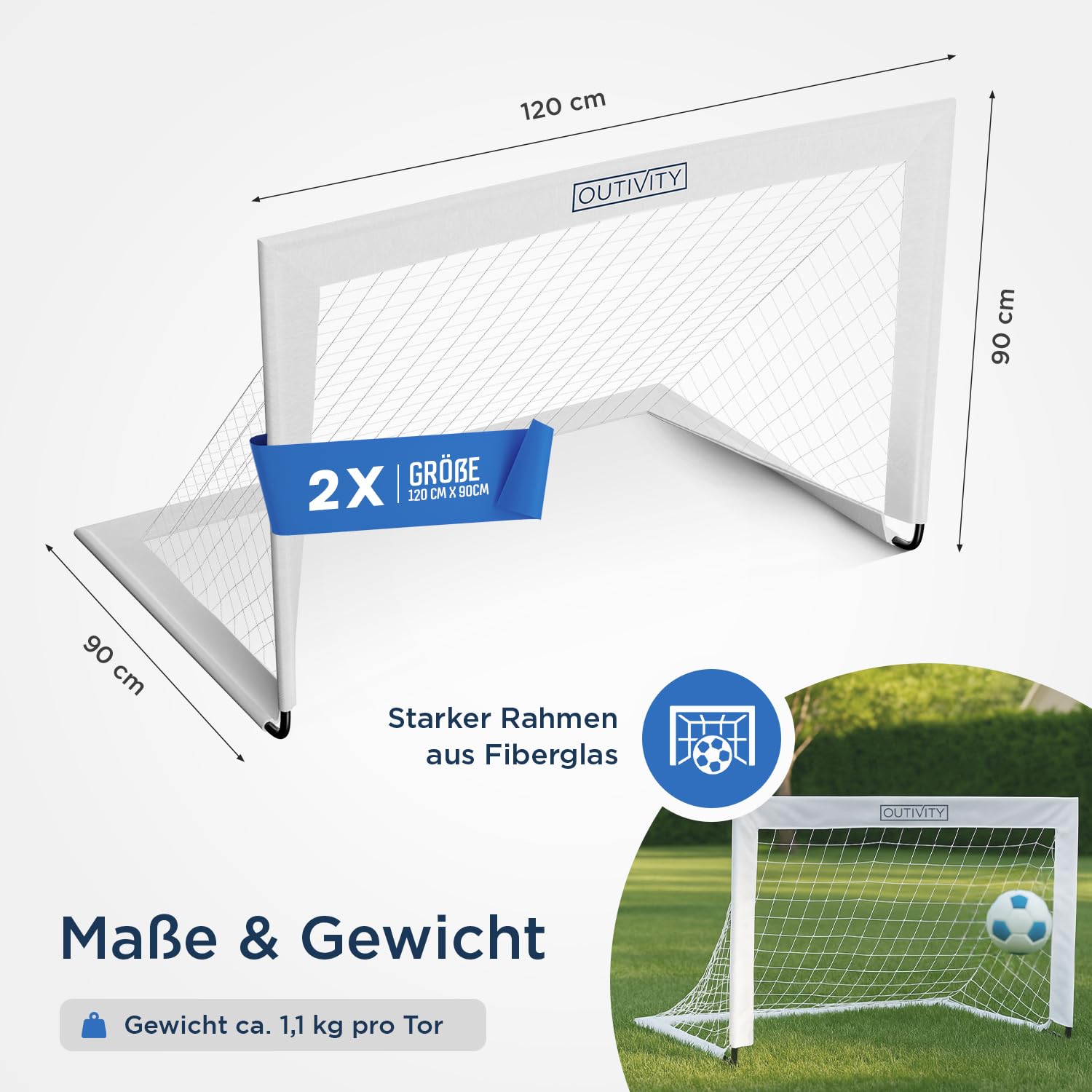 Fußballtor für Kinder 2er Set weiß, ohne Stolperfalle, je 120x90cm, inkl. 8+2 Heringen und Tragetasche, pop-up Fussballtore für Garten Kinder