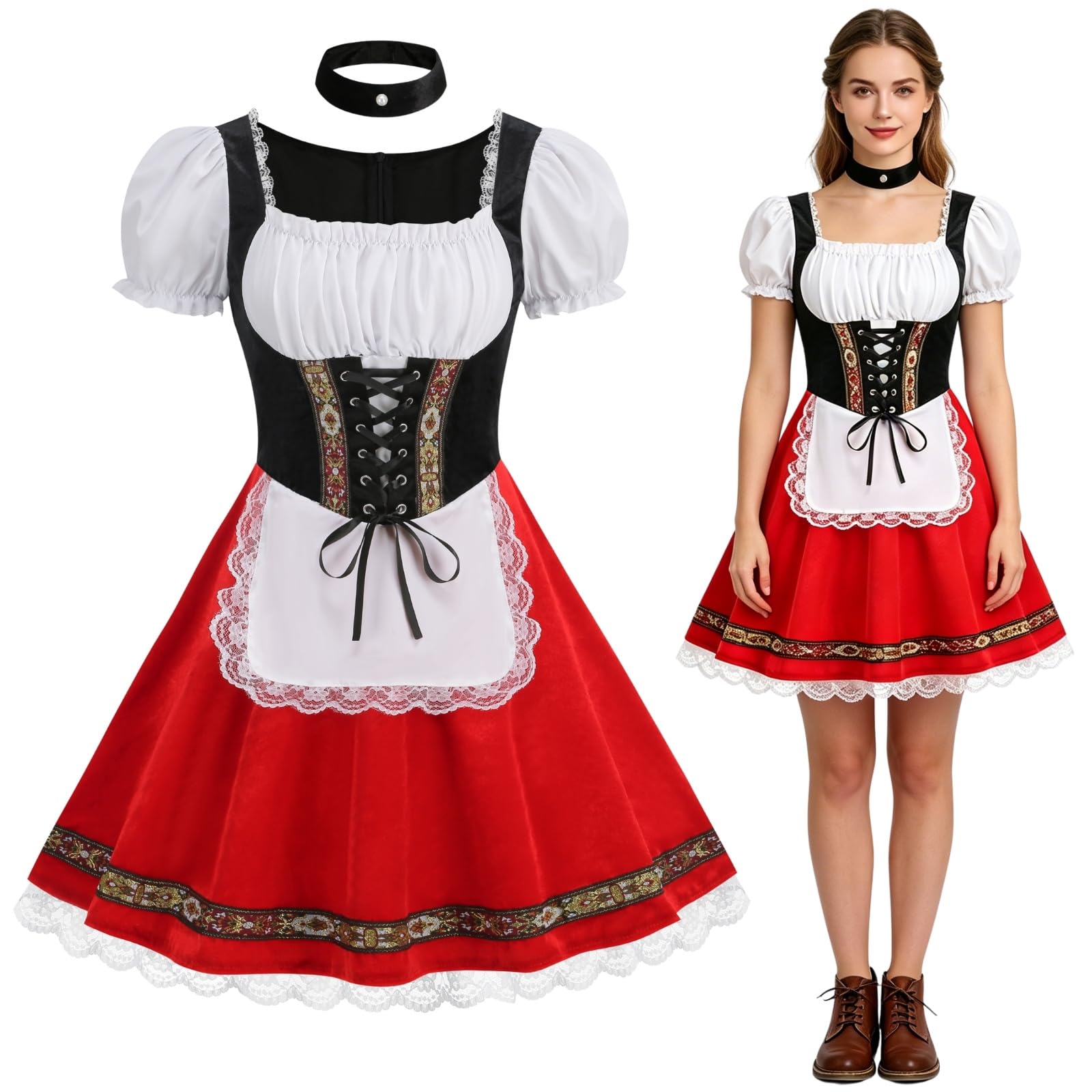 HAPNBCELE Oktoberfest Costume for Womens, German Dirndl Dress Puff-Sleeves Traditional Bavarian Carnival Halloween Outfits (Red, Medium)