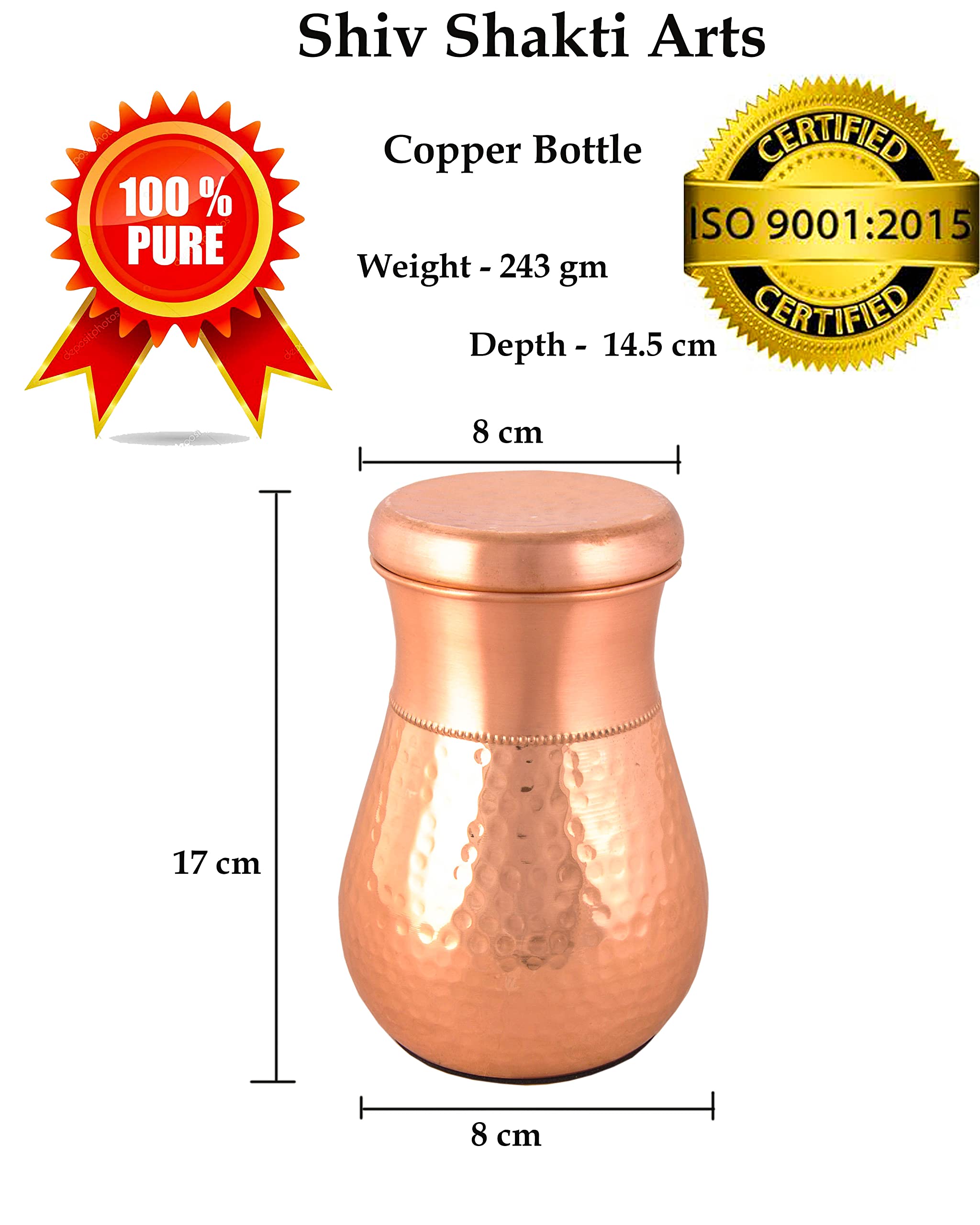 Shiv Shakti Arts Pure Copper Half Hammered Bedroom Bottle Mini Shaped with Glass lid Matt Finish Shaped Bottle Carafe Pitcher Volume -1000 ml- Pack of 1