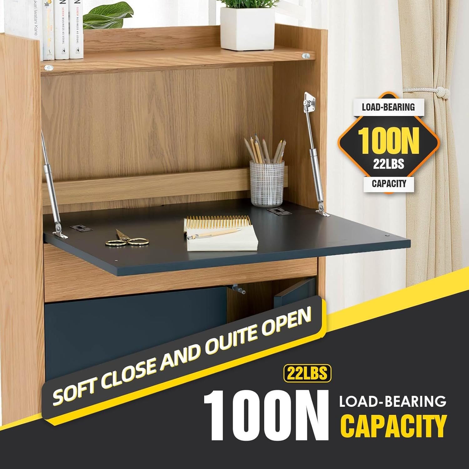 Drop Down Gas Struts,with 90 Degree Page Turning axis,Gas Spring Hinge,for Cabinet and Desk Downward Flap Slowly Down,Only Open Down The Door (4, Silver)