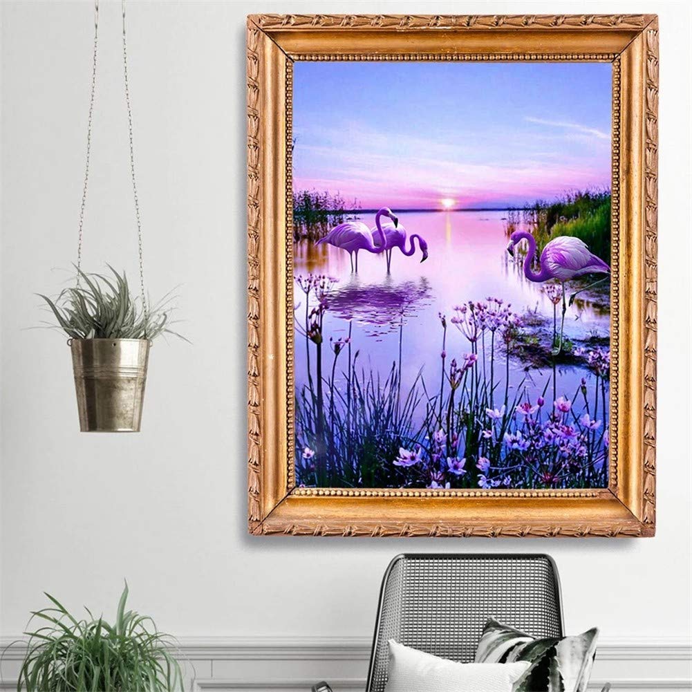 DIY 5D Diamante Pintura Bordado Kits Completo Lago Flamingo Diamond Painting Adultos/Niños Rhinestone Punto de Cruz Diamante Arte Artesanía Casa Decoración de La Pared Round Drill,70x90cm/28x36inch