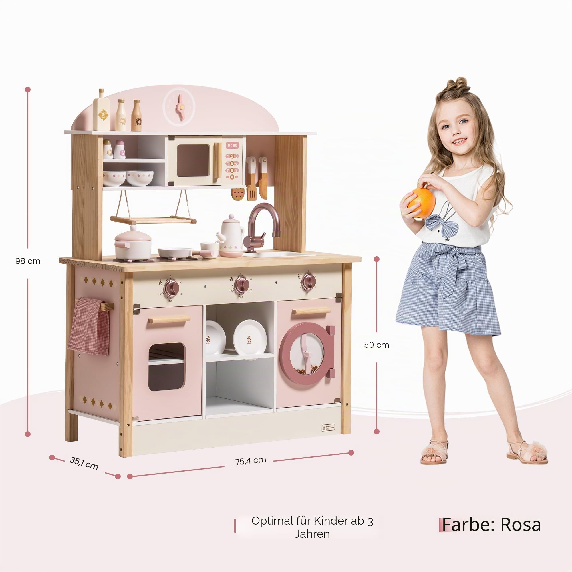 ROBUD Spielküche für Kinder Kleinkinder, Spielküche aus Holz mit realistischem Zubehör, Spielzeugküche Set mit vielen Spielfunktionen, moderner Stil Spielzeugküche für Mädchen & Jungen, Geschenk ab 3
