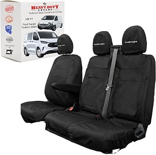 Ford Transit Custom Compatible Seat Covers - Custom Pro Embroidered Headrests - Tailored to Fit Ford Transit Custom - Waterproof, Heavy Duty Cover