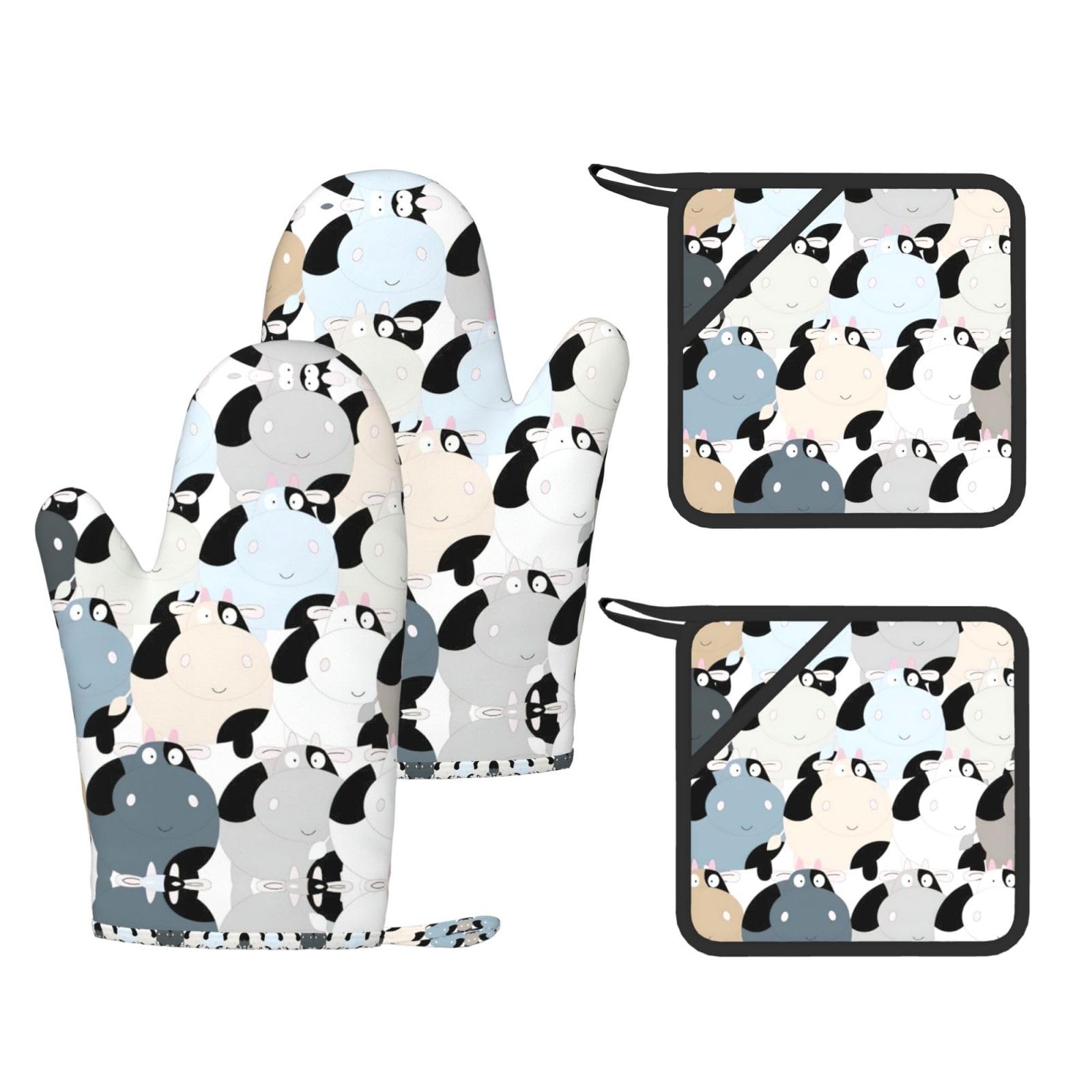 Cow collection Printed Oven Gloves and Hot Pads Set of 4, High Heat Resistant Silicone Mitts for Cooking BBQ