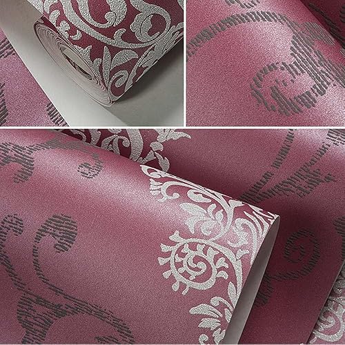 Miniatura 5 de DAWEI - Rollo de papel tapiz no tejido en polvo de damasco de lujo 3D para sala de estar, color rojo y morado, 1.73 pies de ancho x 32.8 pulgadas de