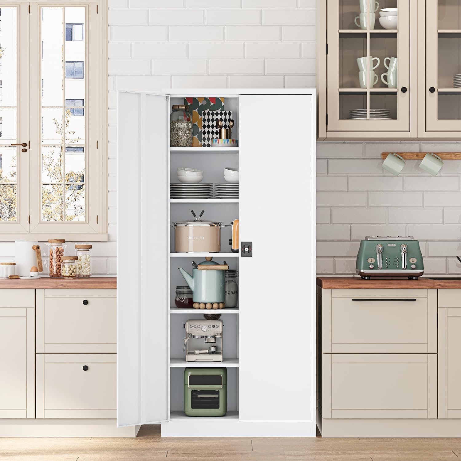 Metal Storage Cabinet-71” Tall Steel File Cabinets with Lockable Doors and Adjustable Shelves-White Steel Storage Cabinet for Home,Kitchen, School, Office, Garage