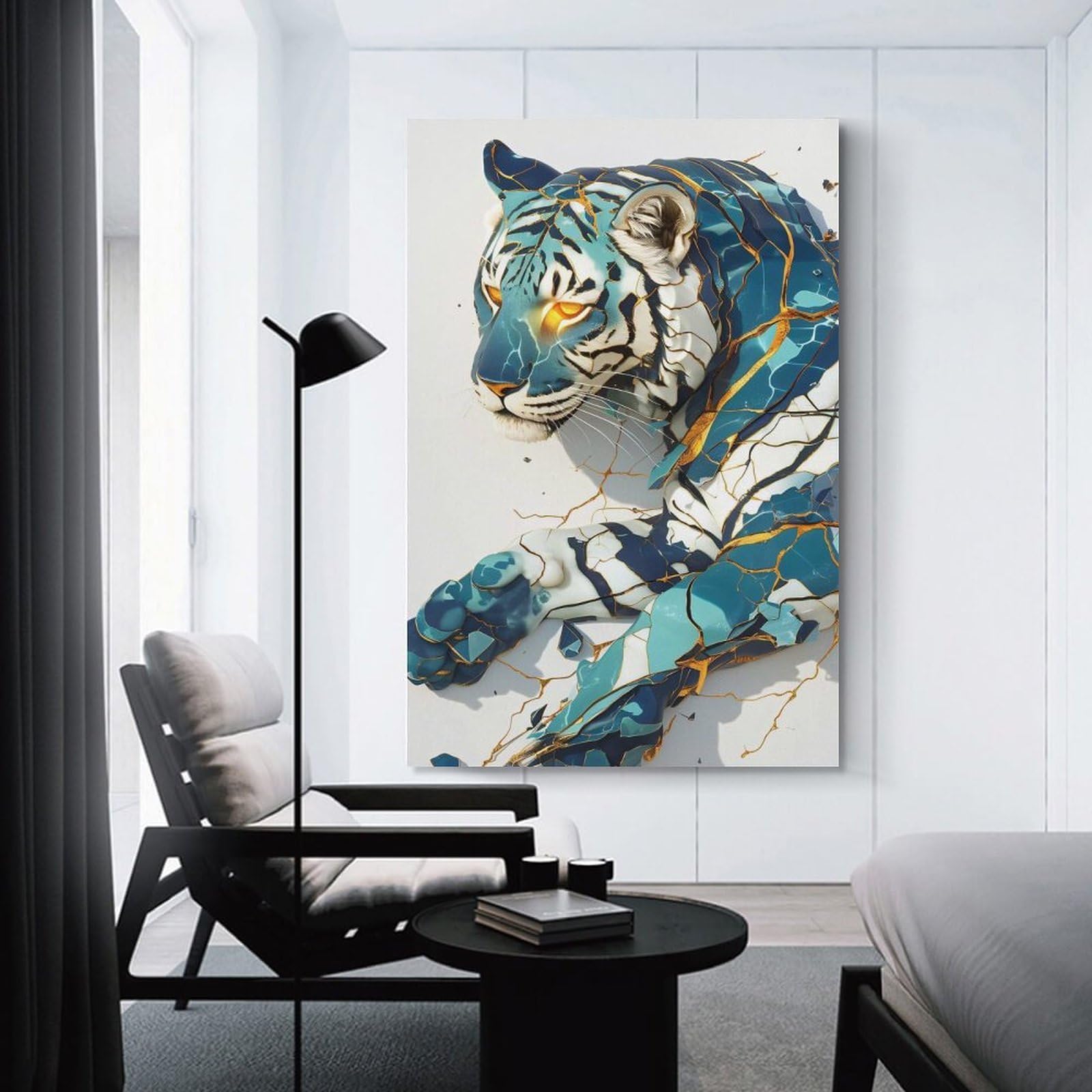 Junmoney Cracked Tiger with Blue And Gold Accents Wall Art Print, 24x36inch(60x90cm), for Office, Study Or Home Workspace, Decorative Artwork for Productive Spaces