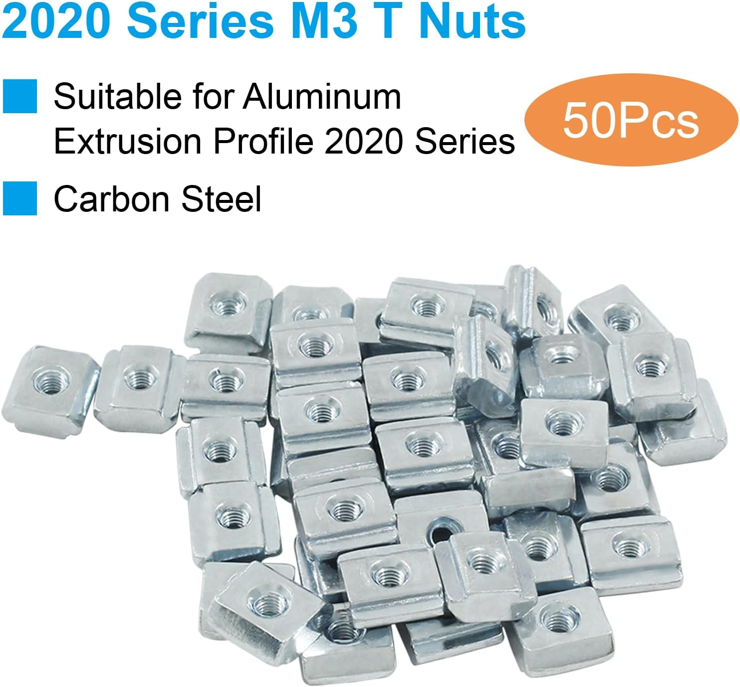 50Pcs 2020 Series Sliding T Nuts Carbon Steel,M3 T Slot Nut Hammer Head,M3 T Sliding Nuts Fastener Nut Assortment for Aluminum Profile,3D Printer,CNC Router