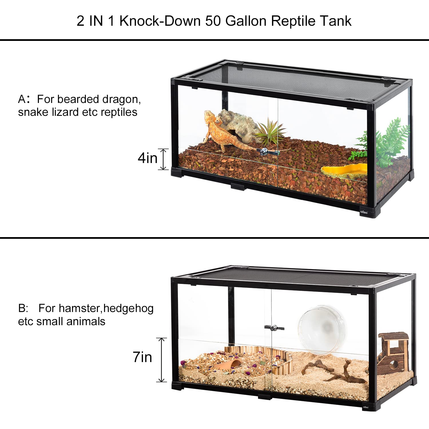 OIIBO 50 Gallon Reptile Terrarium, 2 in 1 Reptile Tank with Sliding Front Doors, 36" x 18" x 18" Knock-Down Bearded Dragon Tank for Reptiles and Hamster Small Animals etc.