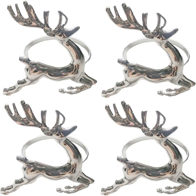 4pcs Christmas Silver Reindeer Napkin Rings Napkin Holders-Stag Napkin Rings Table Decorative Ornament Xmas Napkin Holders Napkin Buckles Serviette Rings for Xmas Holiday Party Dining Table Decoration