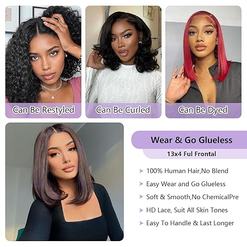 Miniatura 4 de Peluca de cabello humano sin pegamento, densidad del 150 %, con encaje frontal Go13x4, pelucas cortas estilo Bob para mujer, pelucas lacias (color