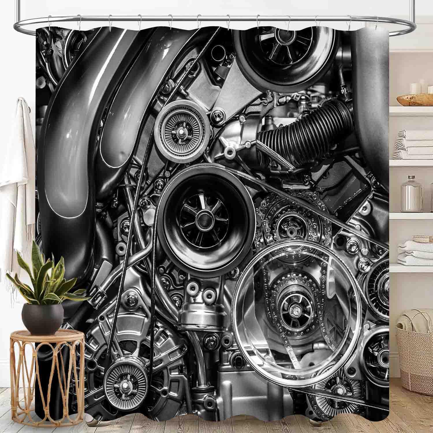 Car Repair Shower Curtain, Retro Auto Engines Repair Vehicle Garage Tools Shed Workshop Vintage Car Rod Pocket Black Man Cave Waterproof Fabric Bathroom Shower Curtain Set with Hooks, 72"x78" Inch