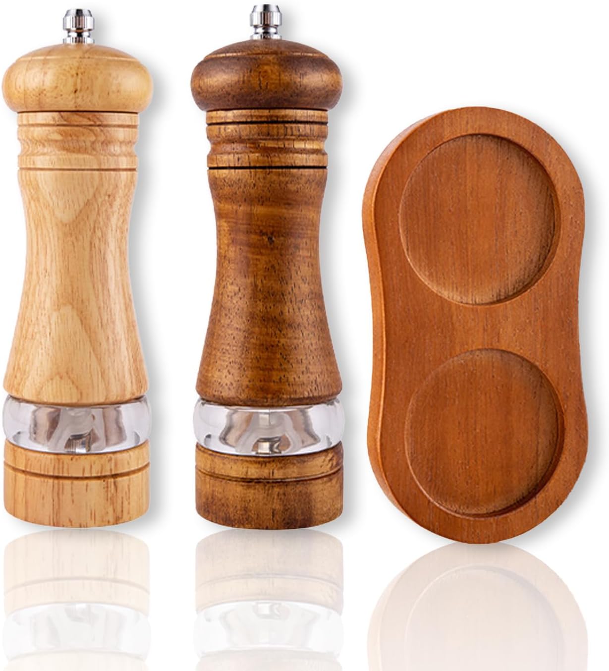 2 Pack Wooden Salt and Pepper Grinder Set - 6.7" Salt and Pepper Grinder set Wood Manual Mills with Acrylic Window & Adjustable Ceramic Grinder, Refillable Grinding Bottle with Wooden Tray