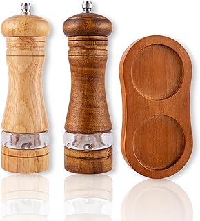 2 Pack Wooden Salt and Pepper Grinder Set - 6.7" Salt and Pepper Grinder set Wood Manual Mills with Acrylic Window & Adjustable Ceramic Grinder, Refillable Grinding Bottle with Wooden Tray