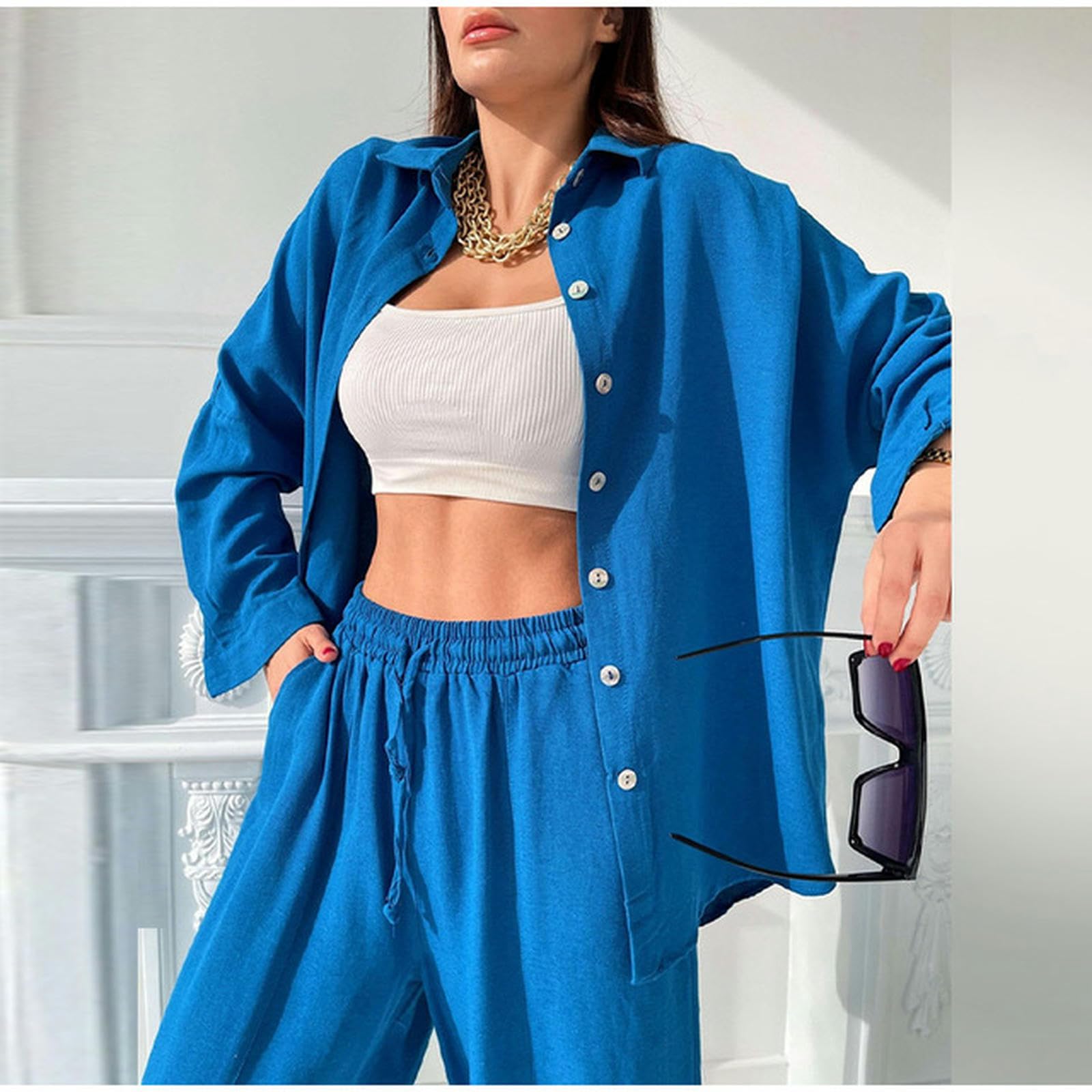 Camicia Casual Estiva da Donna + Pantaloni Stile Harem a Vita Alta Top con Pantaloni Larghi Completo da 2 Pezzi in Cotone e Lino Verde per Donna-Blu-M