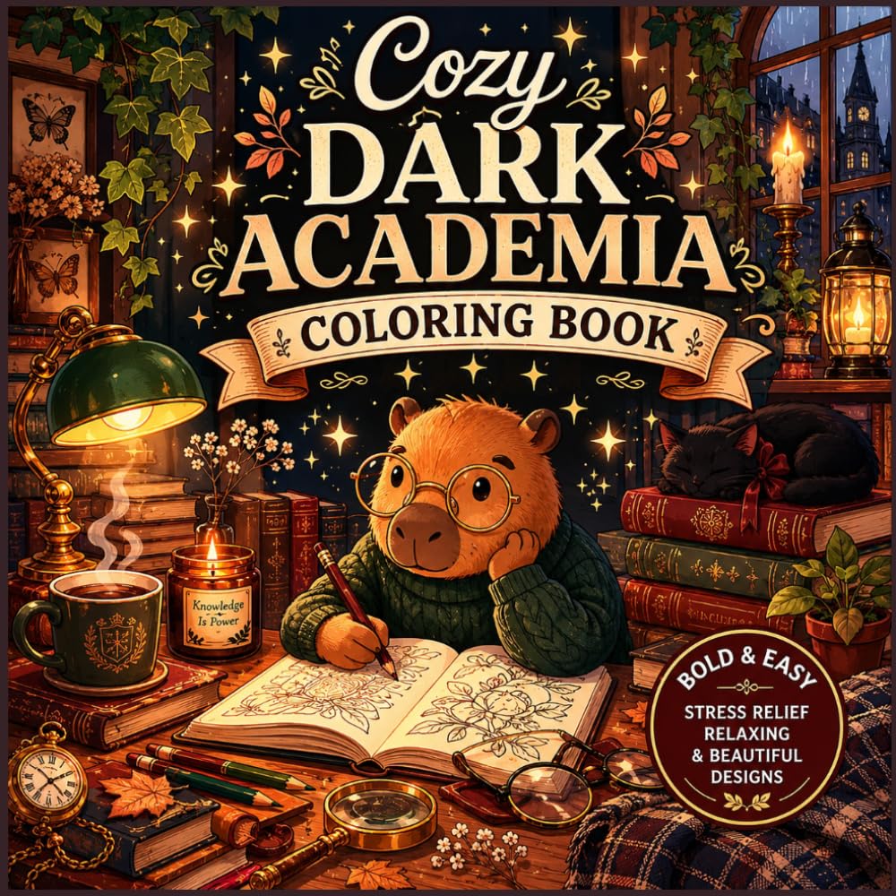 Cozy Dark Academia Coloring Book for Adults: Bold & Easy Gothic Coloring Pages Featuring Vintage Libraries, Rainy Nights, Cozy Reading Nooks & Antique Treasures