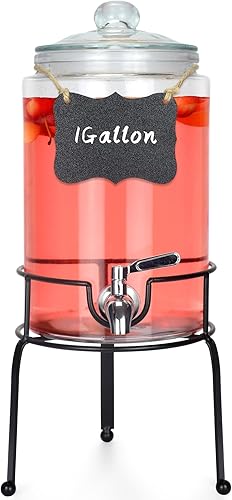 Dispensador de bebidas de 1 galón, 1 paquete, dispensador de bebidas de espita de acero inoxidable para fiestas con soporte, recipiente de vidrio