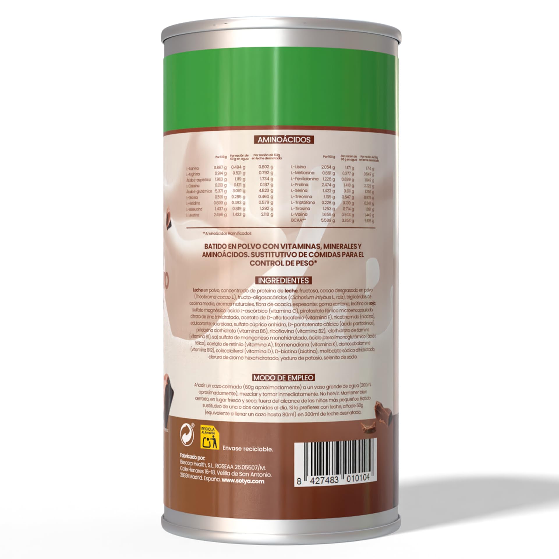 Sotya Batido Sustitutivo Chocolate (600 g) Batido Saciante Sustitutivo de Comida para Control de Peso, con Proteínas, Fibra, Vitaminas y Minerales