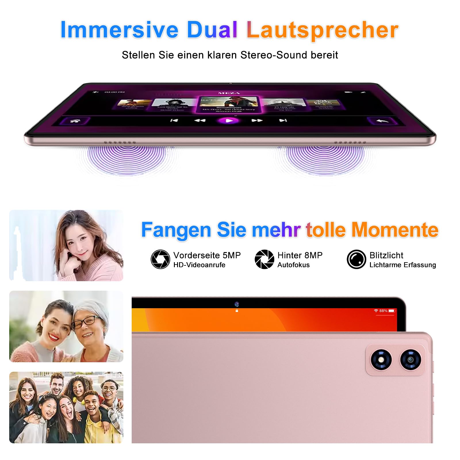 Tablet Android 10 pollici, 22 GB RAM + 128 GB ROM, Widevine L1, oro rosa | con tastiera mouse, 8000 mAh, Octa-Core, 5G WiFi, 1 TB di memoria estesa, 5MP+8MP