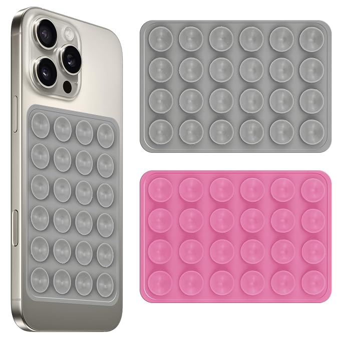 amazon basics Suction Phone Case Anti-Slip Silicone Multipurpose Hands-Free Sticky Pads for Phone Case Mount for Selfies Videos Mirror Shower Car Dashboard - Gray&Pink (Pack of 2)