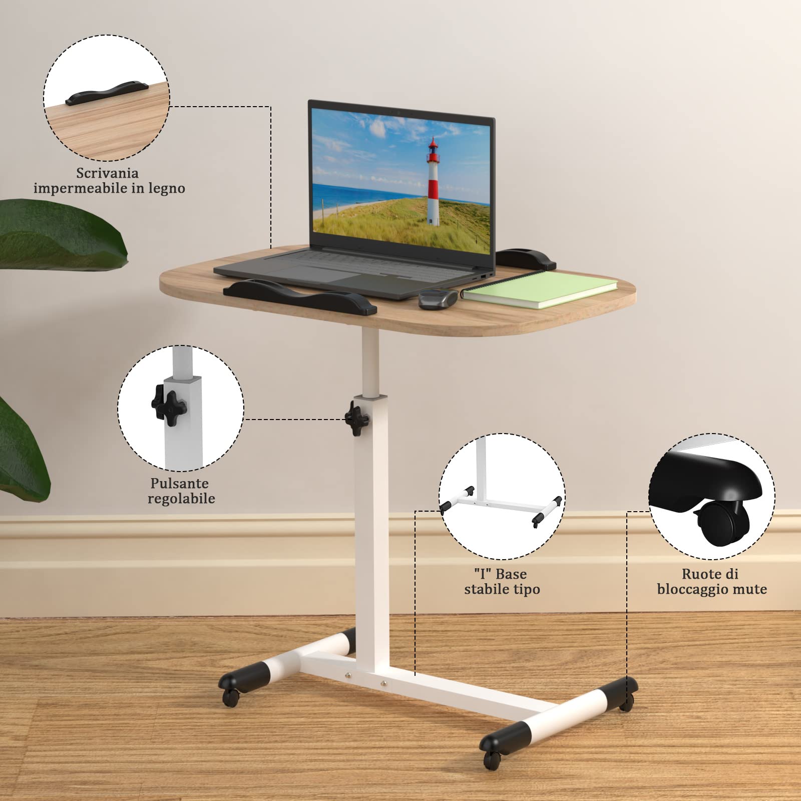 Tavolino da Letto con 4 Ruote, Scrivania per Computer con Ruote, Regolabile in altezza e in inclinazione, Struttura in Metallo, per Soggiorno Camera da Letto Ufficio 60x40x61-95cm
