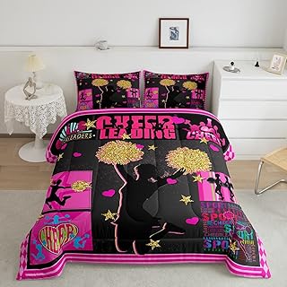 Erosebridal Cheerleader Comforter Set Twin Dancer Bedding Set for Kids Girls Women Adults Pink Glitter Cheer Themed Quilt Set Geometric Checkered Duvet Insert with 1 Pillowcase Bedroom Decor
