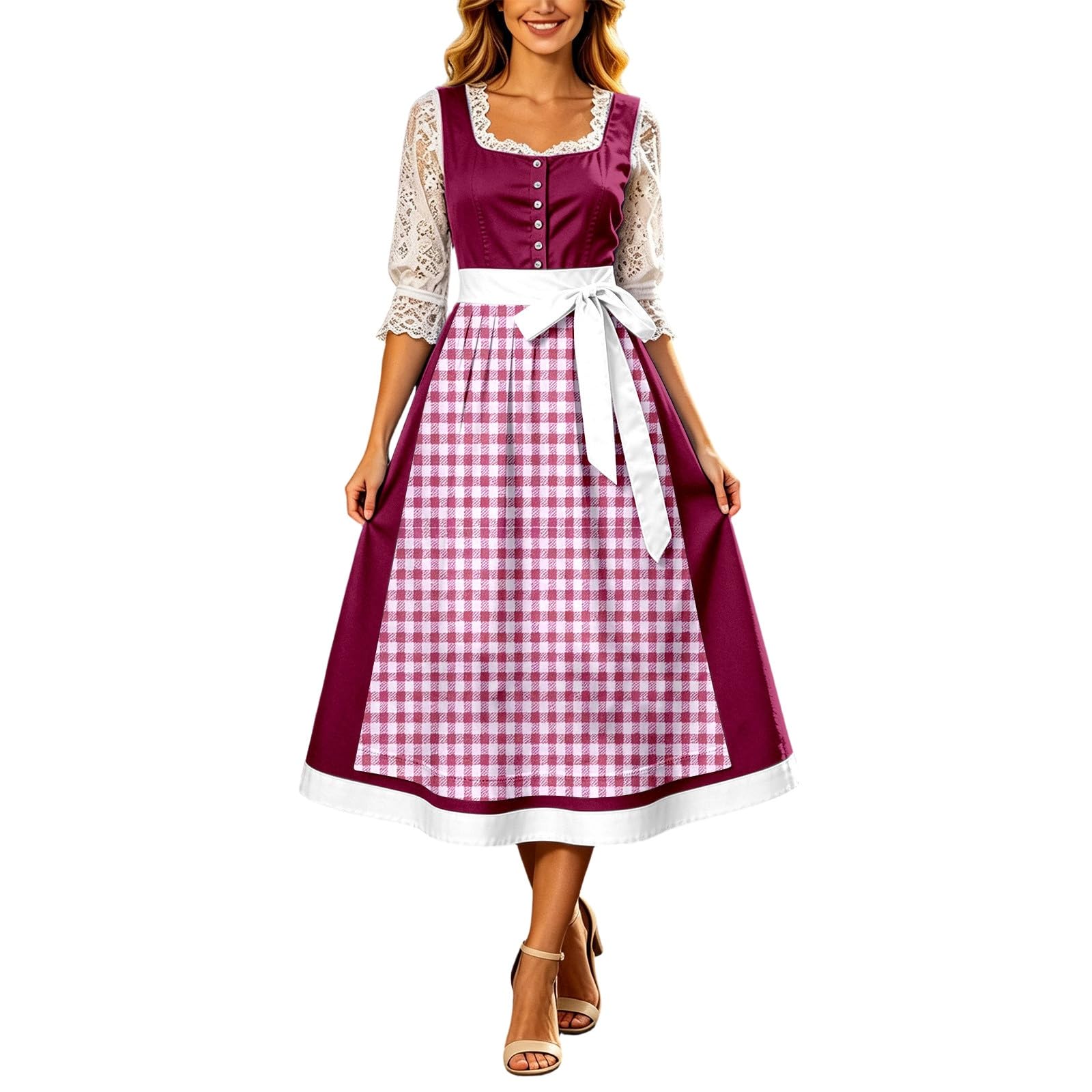 Generisch Elegante abito per Oktoberfest con fiocco in vita, abito lungo in stile francese per spettacoli teatrali, versatile, da donna, ideale per tutti i giorni e le feste