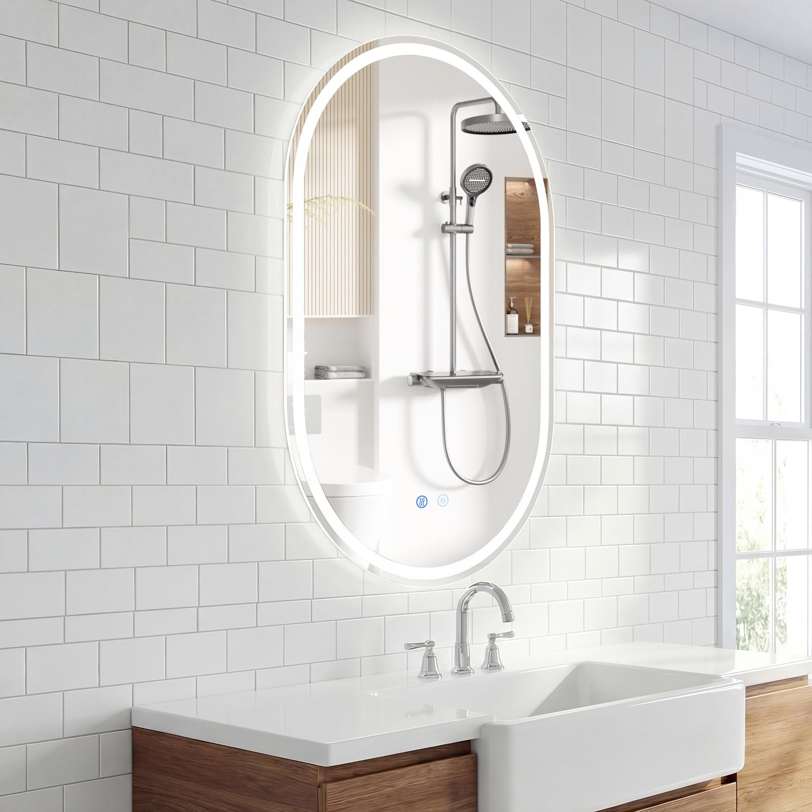 LIFEZEAL Espejo LED de baño ovalado, espejo de pared con 3 colores de luz regulable, función de memoria y antivaho, espejo cosmético para cuarto de baño, vestidor, pasillo (90 x 55 cm, ovalado3)
