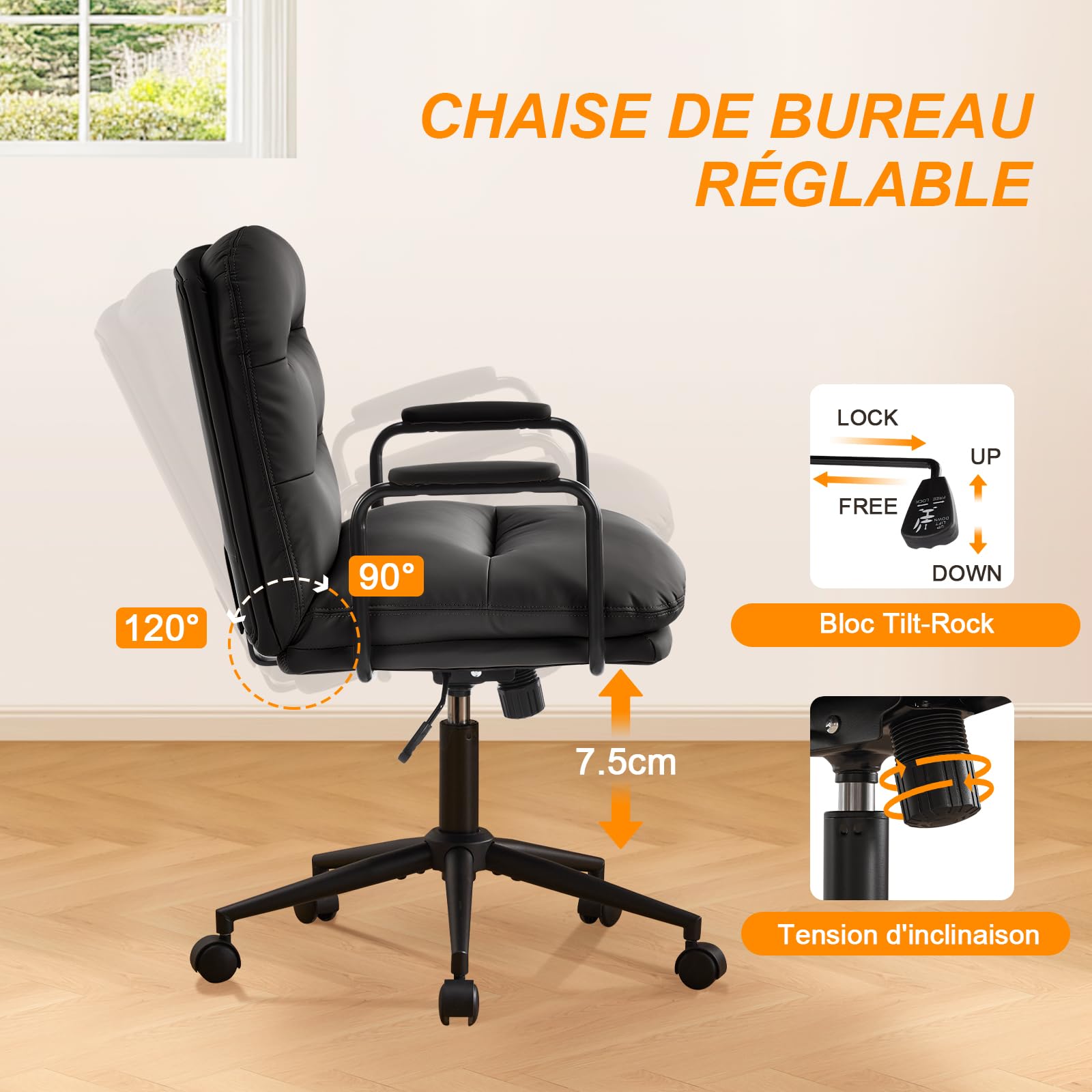Fauteuil de Bureau Réglable en Hauteur Cuir PU avec Roulettes, Chaise Coiffeuse Bascule Pivotante Noir