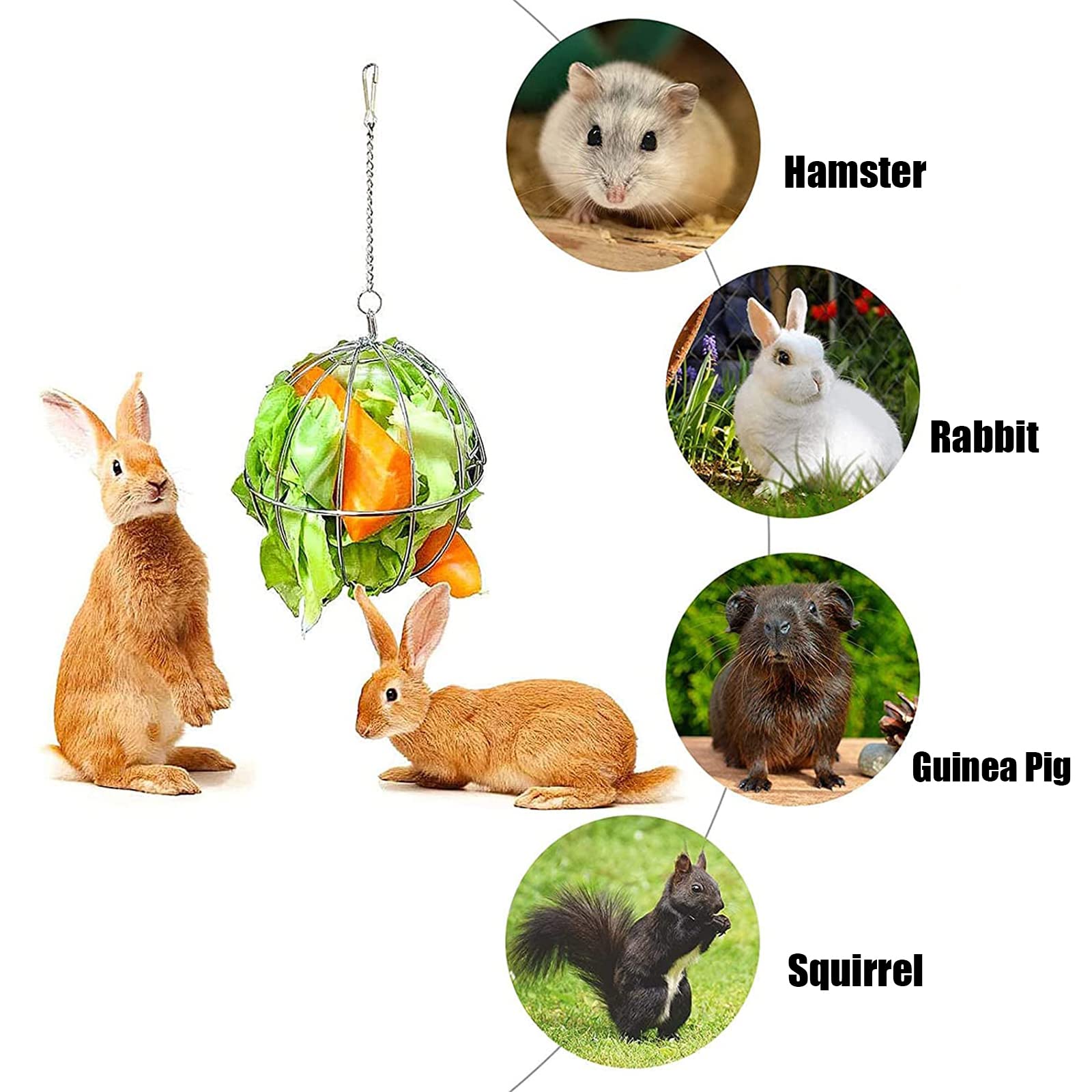 2 Pcs Distributeur de Foin avec Crochet Réglable Boule Mangeoire pour Lapin, Cochon d’Inde, Chinchilla, Hamster - Diamètre 8 cm