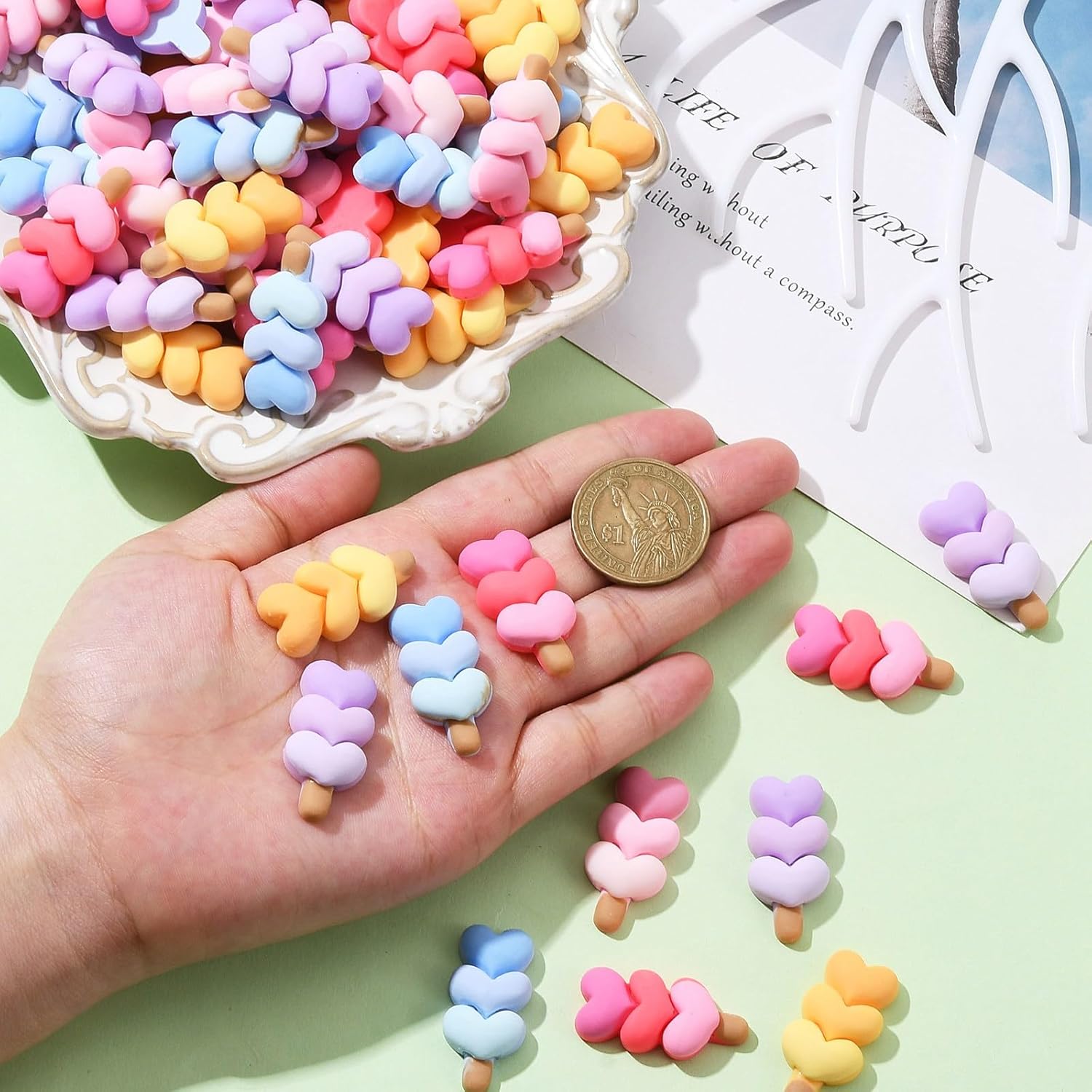 LiQunSweet 200 Pcs Mixed Color Cute Opaque Resin Imitation Food Cabochons Beads Pink Ice Cream with Heart Nohole Beads Charms for DIY Jewelry Making