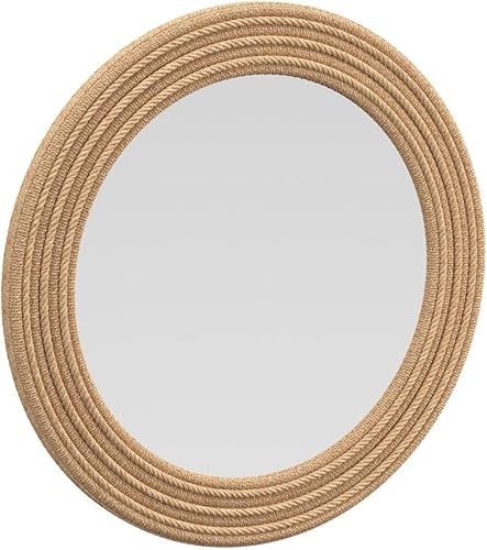 Miniatura 2 de Espejo de pared redondo sobre tablero con tela de cuerda marrón natural