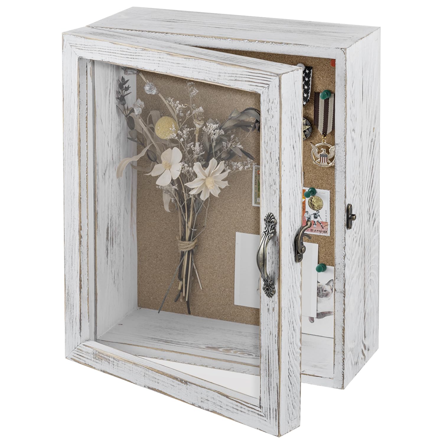 MyGift 11x14 Deep Shadow Box for Wedding, Graduation, Flower, Wall Mounted Display Case with Clear Acrylic Front Window Panel and Cork Board Back, Shabby White Washed Solid Wood