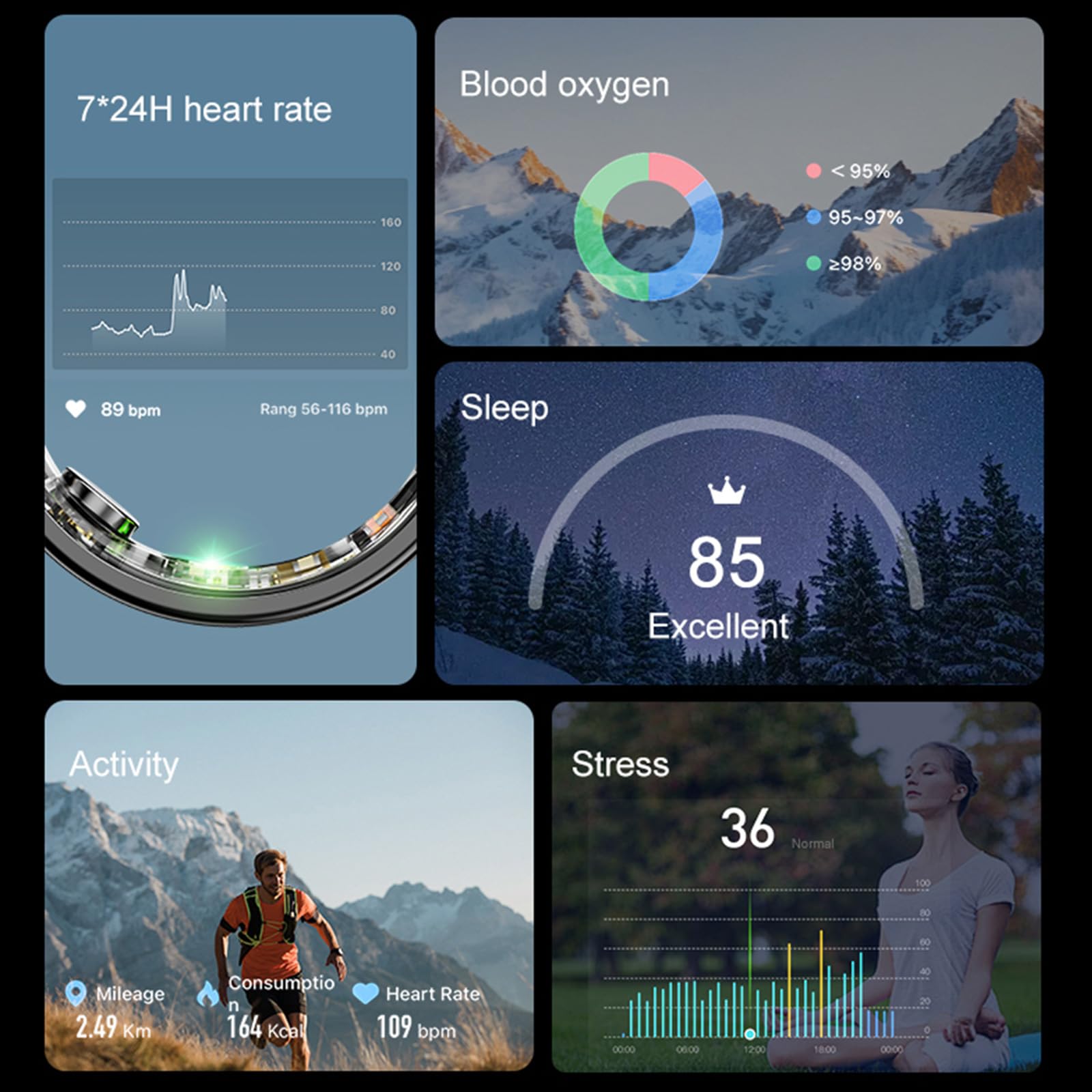 Bague intelligente de fitness - Podomètre - Compteur de calories - Anneaux intelligents pour homme et femme - Android iOS - Moniteur de fréquence cardiaque - Anneau intelligent - Tracker d'activité