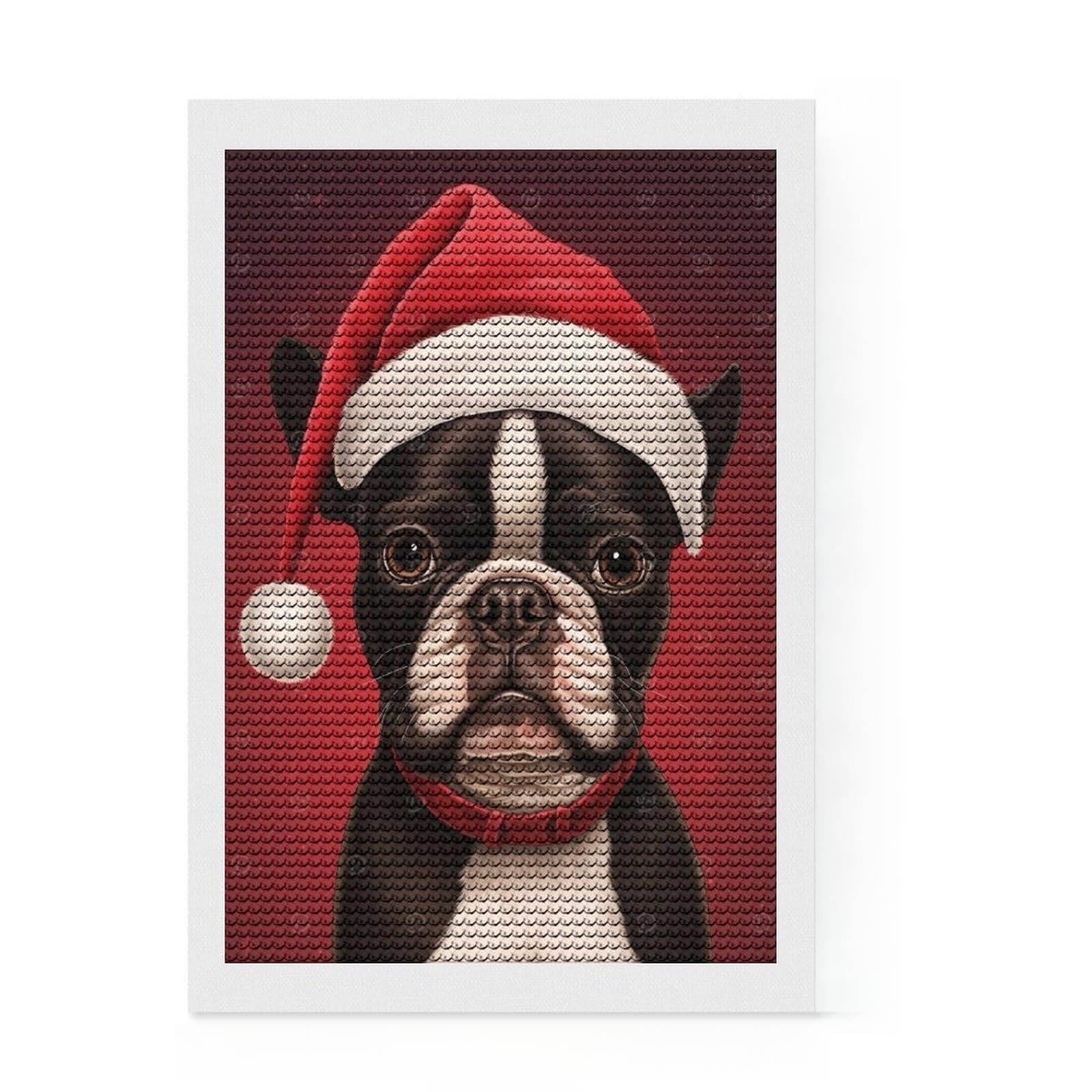 Junmoney Boston Terrier Christmas DIY Diamond Art Canvas Kit 8"x12", Birthday Gift, Vintage Style Decor, for Beginners, Artistic Hobby