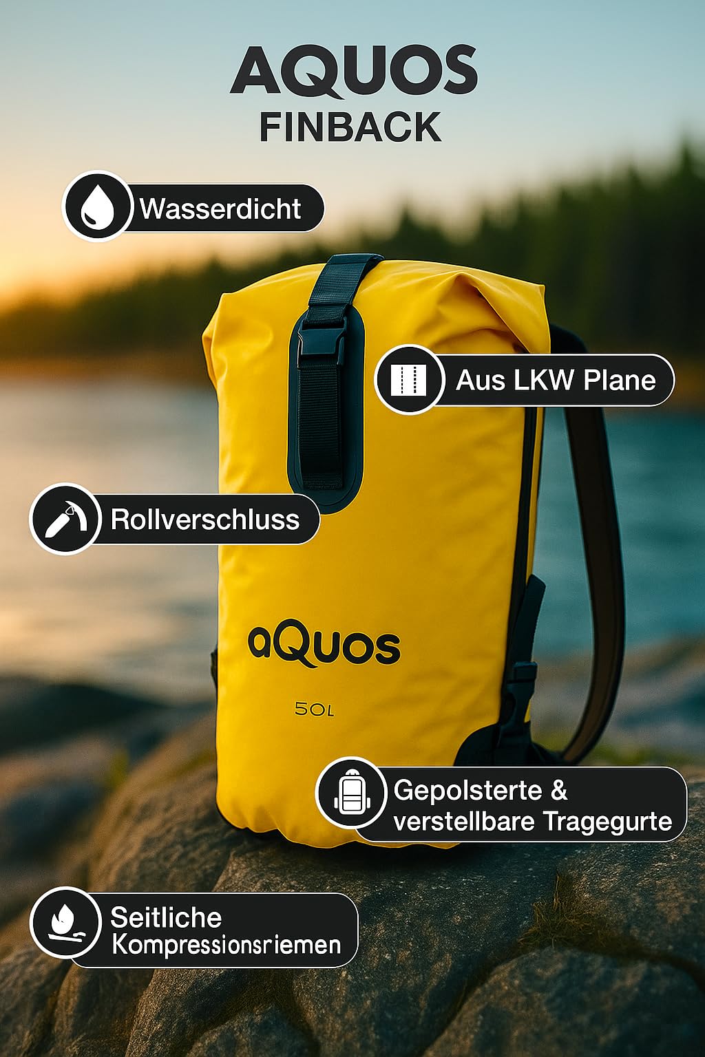 AQUOS Wasserdichter Dry Bag Finback 50L – Robuster Packsack aus LKW Plane in Signalfarbe Gelb – mit Rollverschluss & Tragegurt – Ideal für Kajak, Boot, Camping & Outdoor - Hydrobag