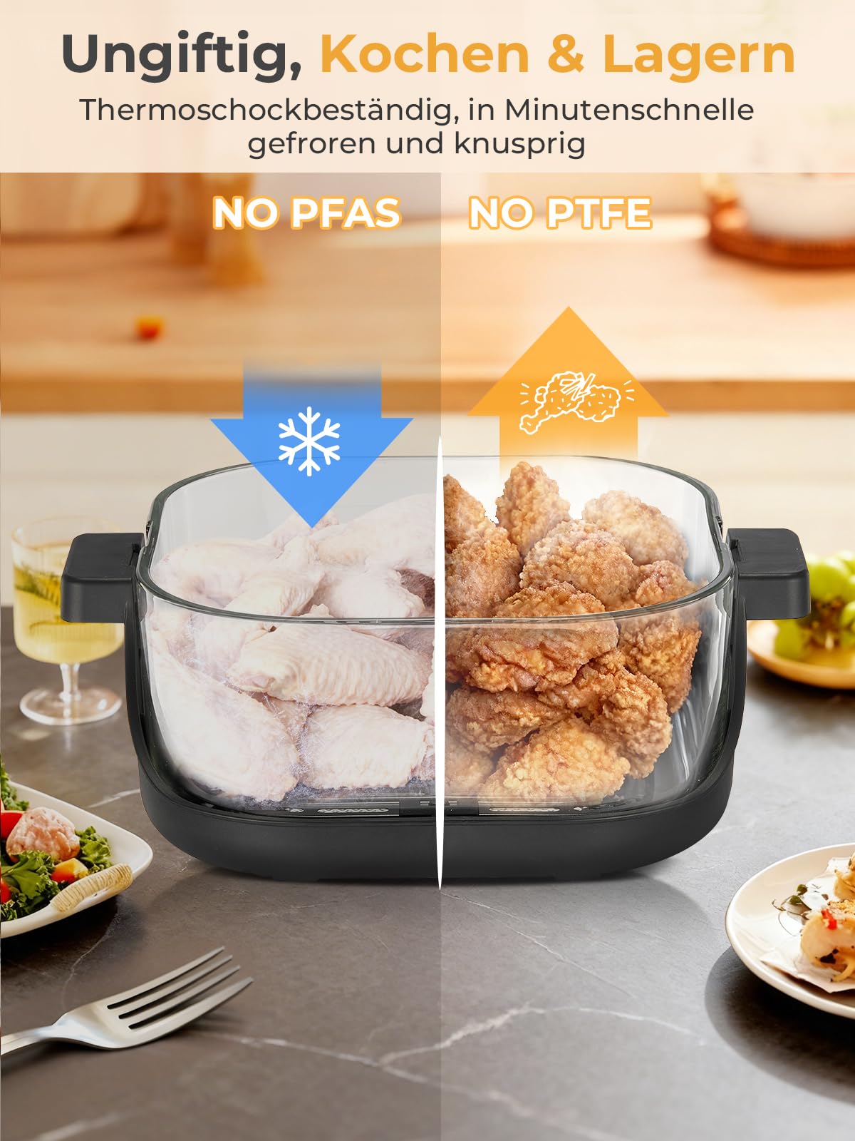 FOHERE 4L Tragbare Air fryer Heißluftfritteuse, 2 Glasbehälter, Blau, 1500W | 4-in-1: Heißluftfrittieren, Backen, Recrisp, Max Crisp. 1,5L Zusatzbehälter, spülmaschinenfest, 6 Portionen, tragbar