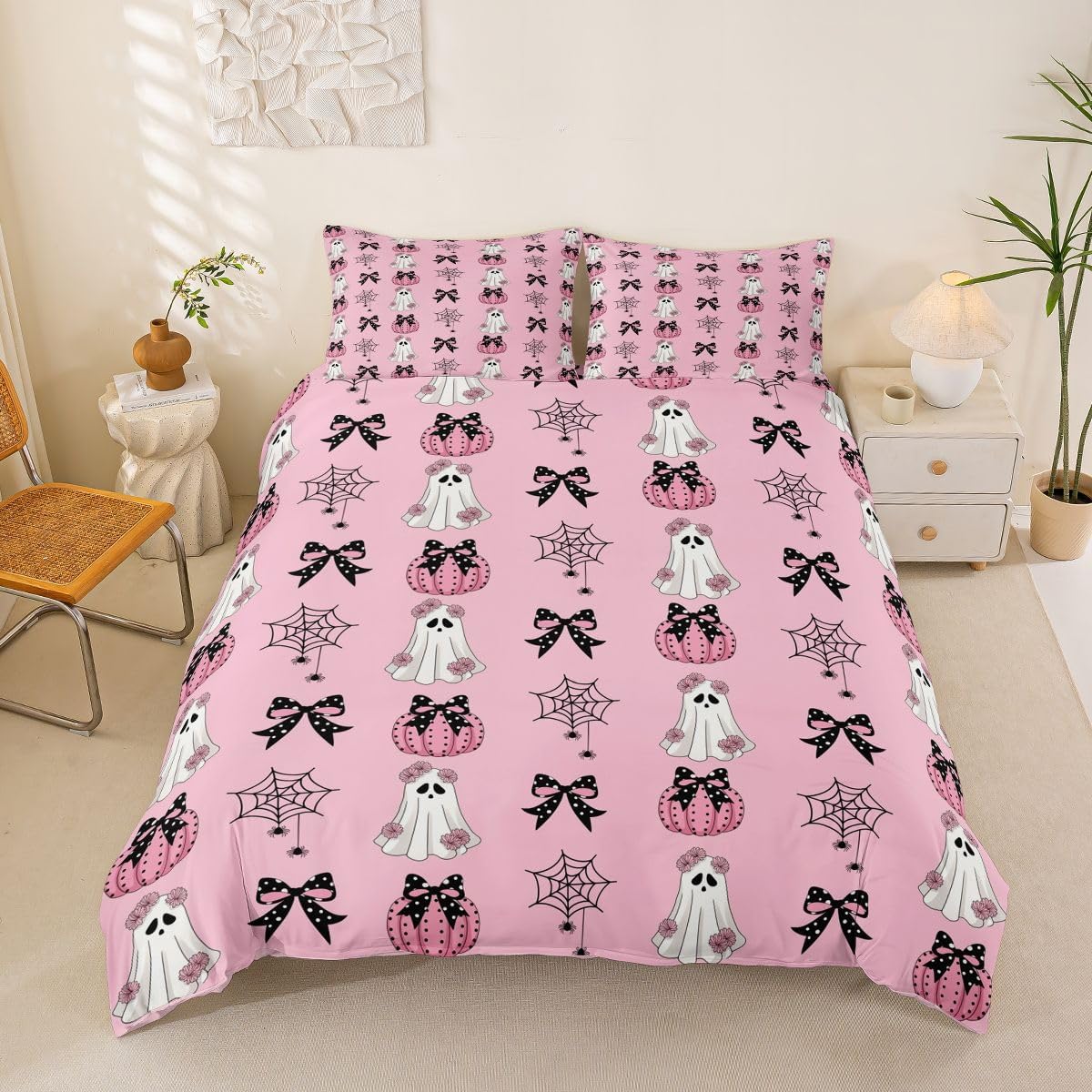 Manfei Bowknot Ghost Duvet Cover Set Full Size,Daisy Bowknot Spider Web Pattern Kids Bedding Set,Cartoon Gothic Style Room Decor,Pink Quilt Cover,2 Pillowcases(No Comforter)