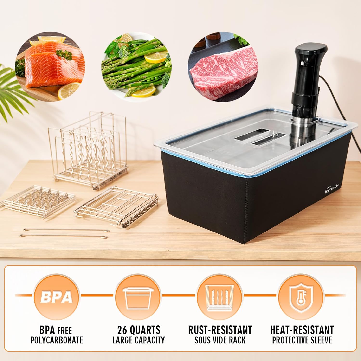 HOMENOTE Large Sous Vide Container 26 Quarts with Lid,Complete Sous Vide Accessories Kit BPA Free,Compatible with Anova and Most Sous Vide Cookers（Comes with 2 Sous Vide Racks and Insulating Sleeve）
