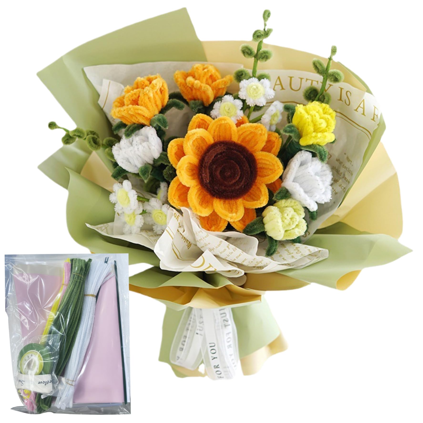 Tiges colorées de chenille pour créer des bouquets de tournesols à la maison