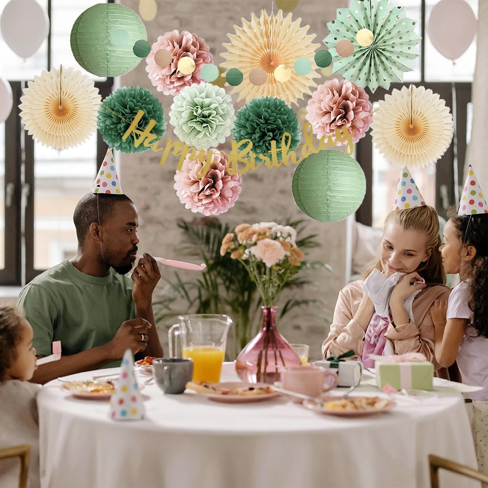Olive Sage Green and Dusty Pink Birthday Decorations Girl Sage Green and Dusty Rose Birthday Decorations Women Beige Paper Fans Blush Pink Pom Poms Lanterns Party Decor Kit with Banner Gold - Image 3