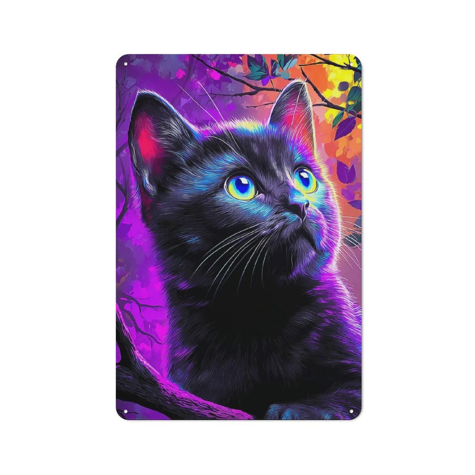 Junmoney Neon Cat In Vibrant Forest -1 Industrial Decorative Metal Plaque 30X20cm Featuring Urban Room Decor For Flat, Bar, Studio Or Gallery Wall