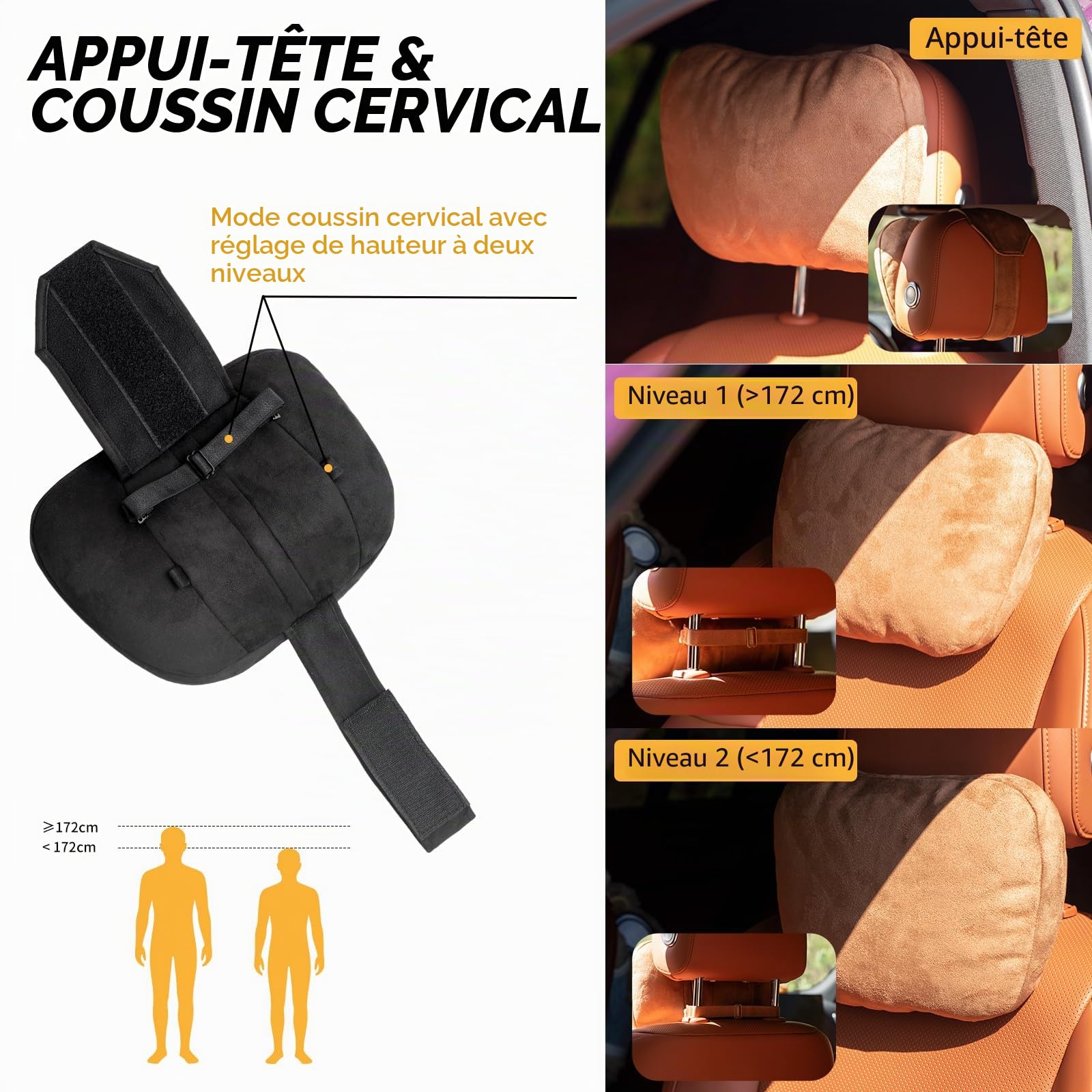 Kwak's Coffret Oreillette et Support Lombaire pour Voiture–Oreiller Cervical à Réglage de Hauteur sur 2 Niveaux, Housse Amovible et Lavable, Coussin de Confort pour la Conduite(Noir)