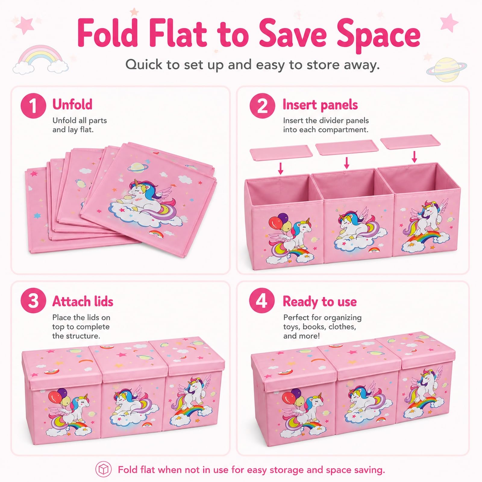 GOOGO Contenitore per giocattoli con coperchio, grande scatola pieghevole per cameretta, box porta giochi per libri, peluche e vestiti, 98 x 34 x 40 cm (rosa)