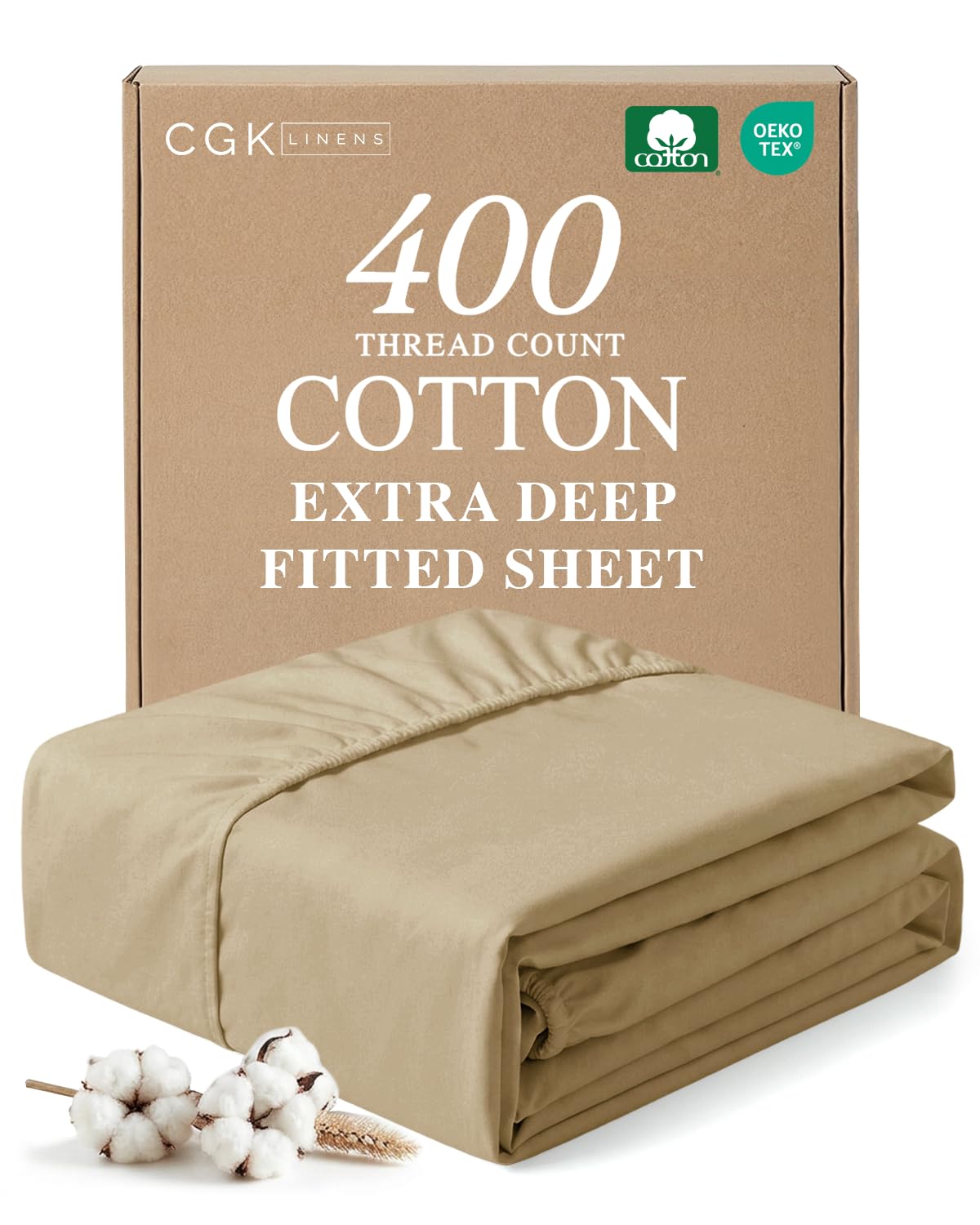 twin 400 thread count cotton fitted sheet - hotel quality 100% cotton - soft and wrinkle free - deep pockets - fits mattress perfectly with no pop-off elastic - one fitted bottom sheet only - beige