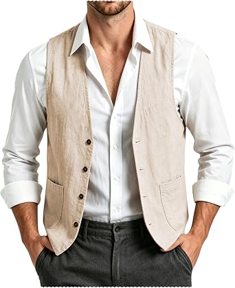 Mens Summer Linen Suit Vest Slim Fit Vintage Dress Vest Beach Wedding Casual Waistcoat for Party Groomsmen